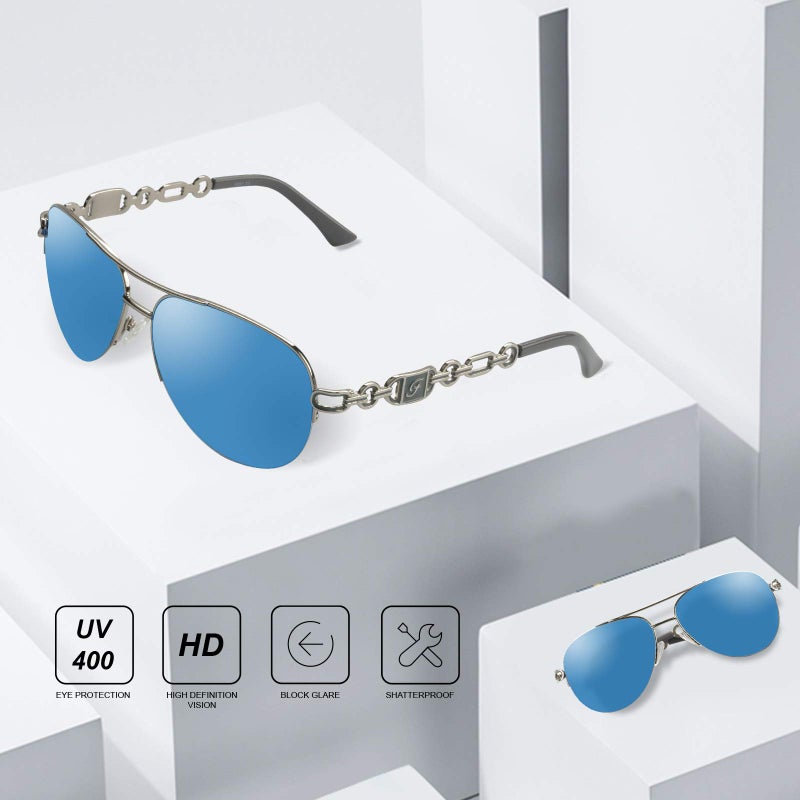 FONHCOO Aviator Sunglasses for Women Men Oversized Metal Frame UV400 Mirrored Sunglasses (blue) - Image 2